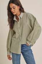 FRENCH CAFE MIXED STRIPE BATWING BUTTON-DOWN SHIRT