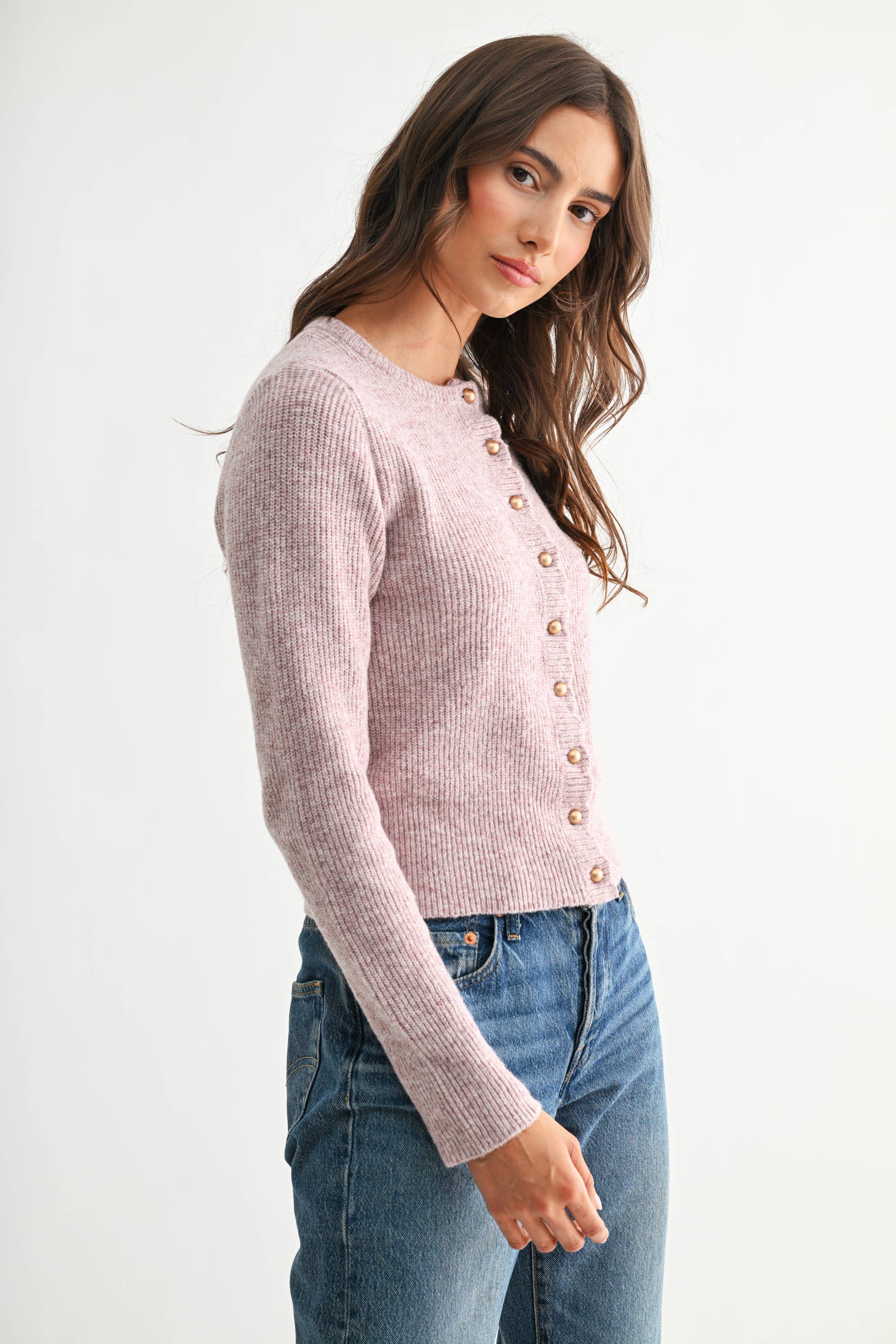 Pearl Button Ribbed Knit Cardigan