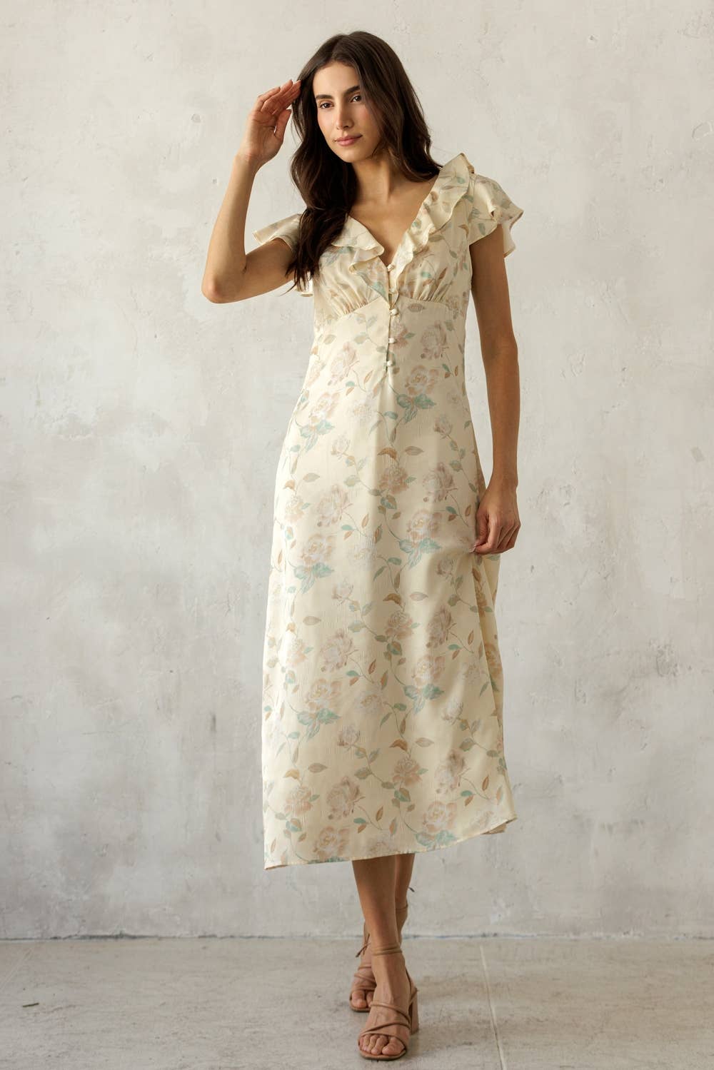 MULTI FLORAL RUFFLE MIDI DRESS