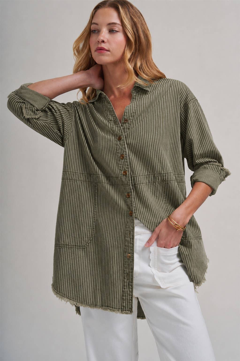 PIN STRIPE LINEN BLEND OVERSIZED SHIRT TOP
