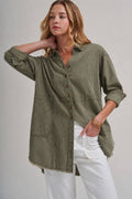 PIN STRIPE LINEN BLEND OVERSIZED SHIRT TOP