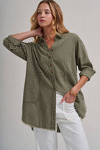 PIN STRIPE LINEN BLEND OVERSIZED SHIRT TOP