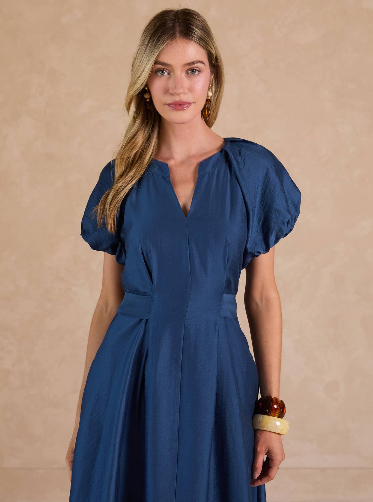 Short Puff Sleeve A-line Midi Dress