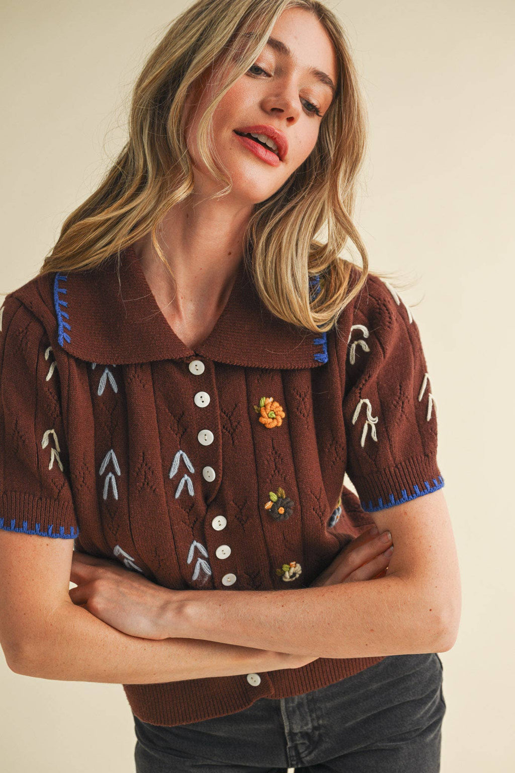 Hand Embroidered Button Down Sweater