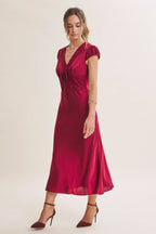 GRACEFUL DRAPE BIAS CUT SILKY SATIN LACE MIDI DRESS