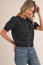 POINTELLE SHORT PUFF SLEEVE BUTTON DOWN SWEATER