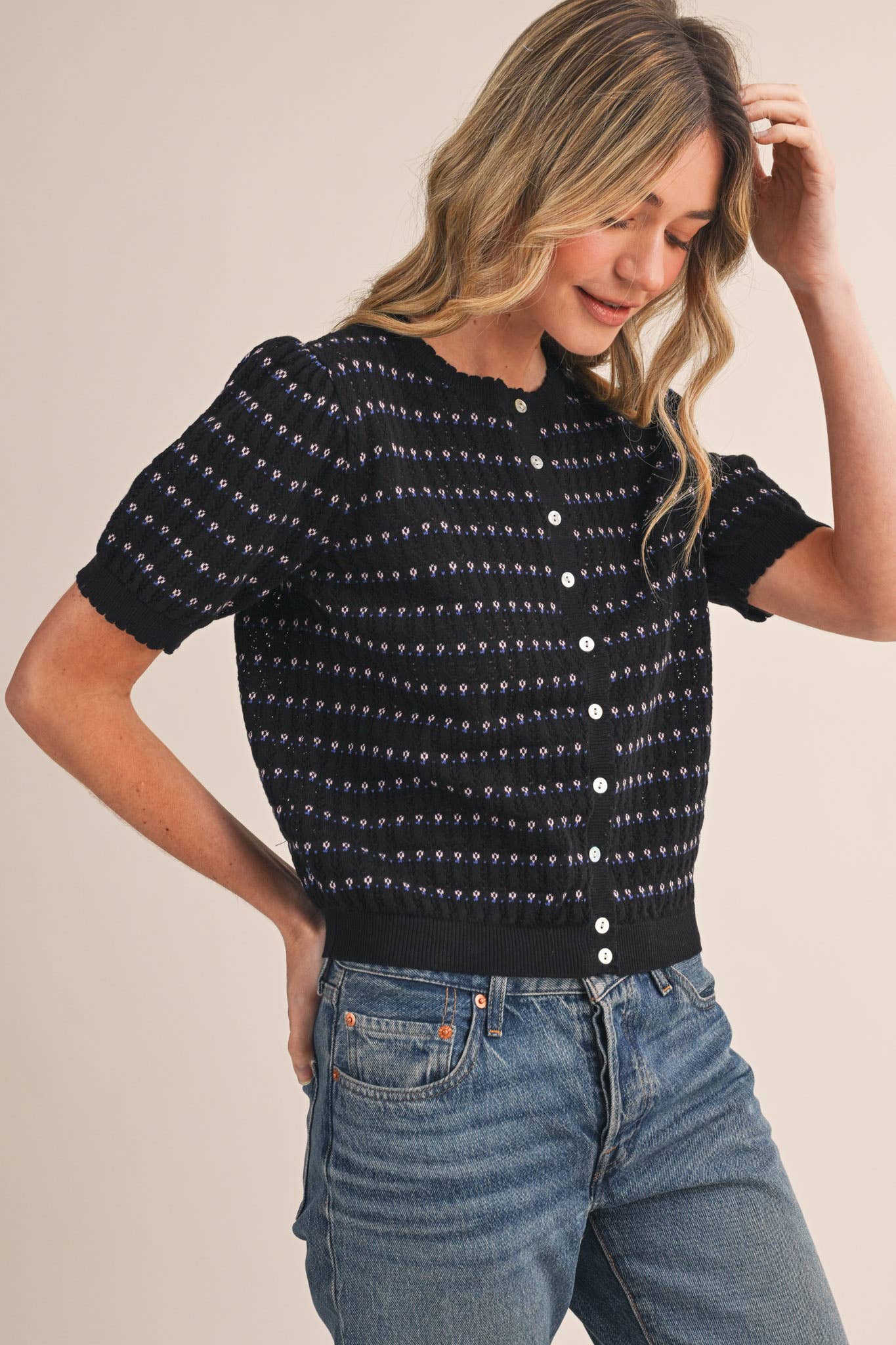 POINTELLE SHORT PUFF SLEEVE BUTTON DOWN SWEATER