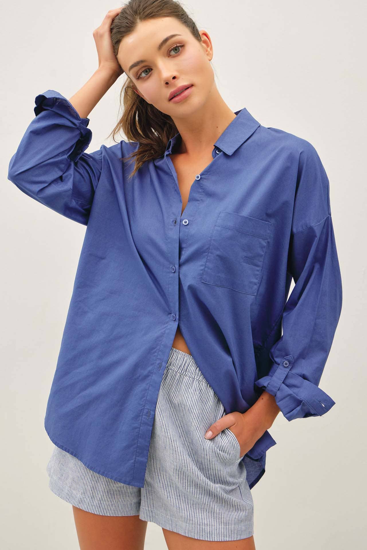 CRISP OVERSIZED BASIC COTTON SHIRT-DENIM