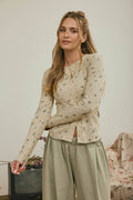 FLORAL SNAP FRONT LONG SLEEVE WAFFLE KNIT TOP