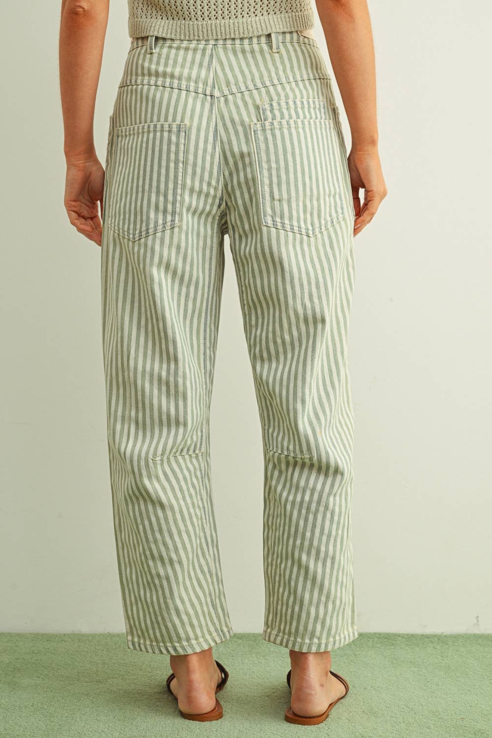 STRIPE PRINTED BARREL PANTS WITH COTTON TAPE BELT