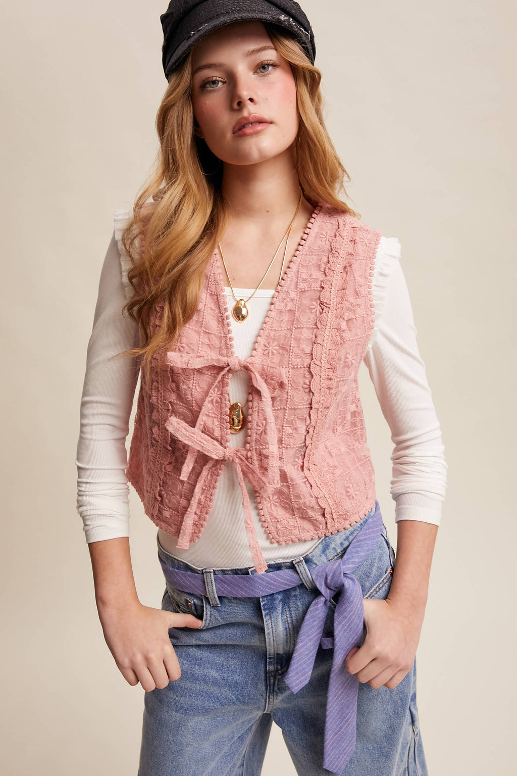 Embroidered Lace Tie-Front Vest