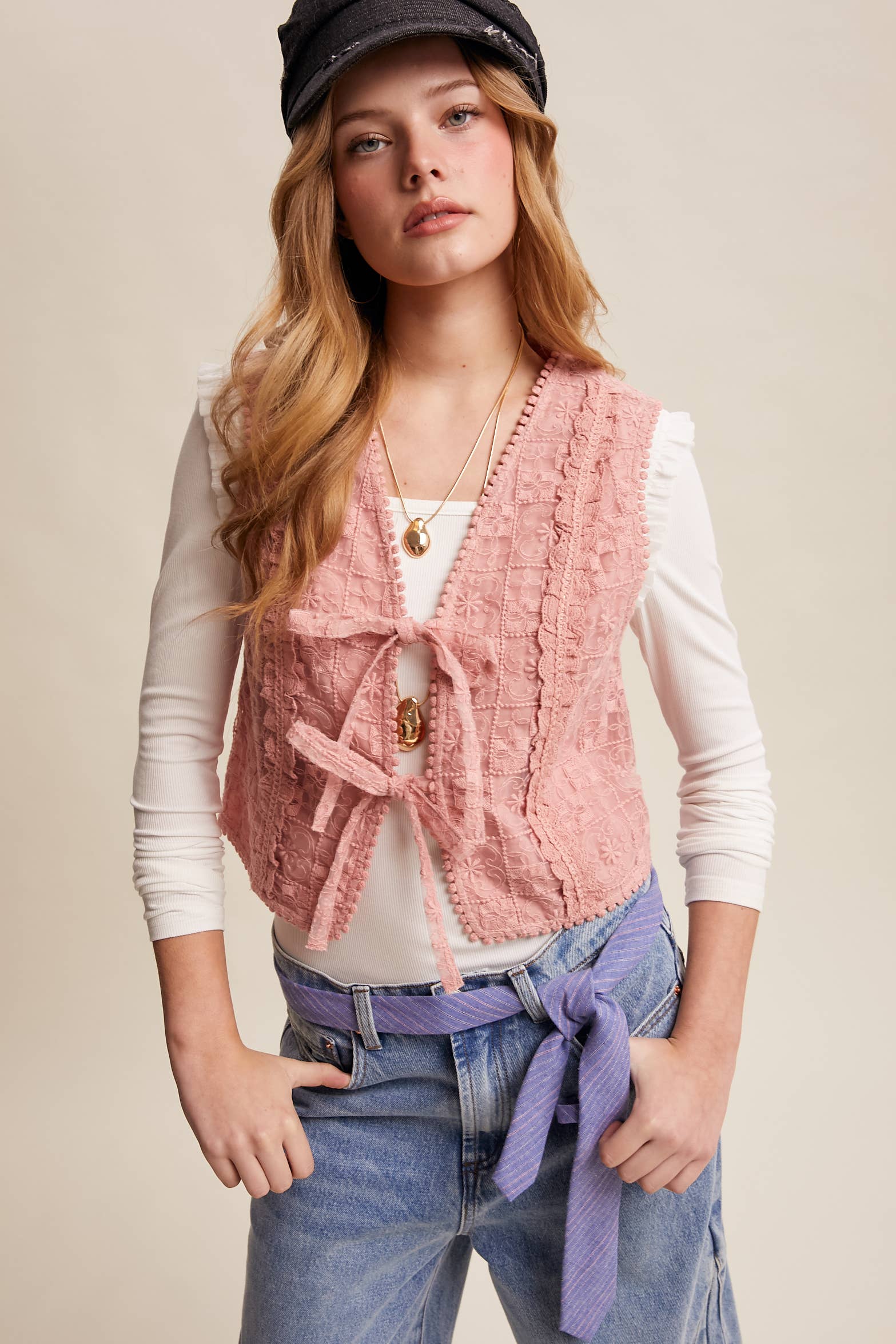 Embroidered Lace Tie-Front Vest