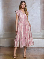 Printed Embroidered Tiered Midi DresS