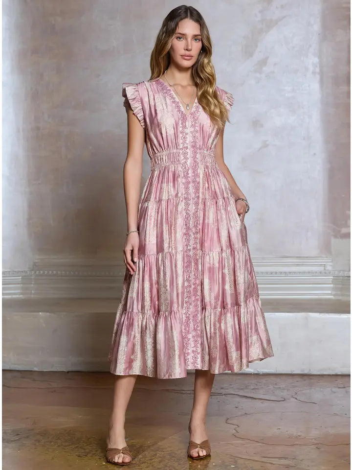 Printed Embroidered Tiered Midi DresS