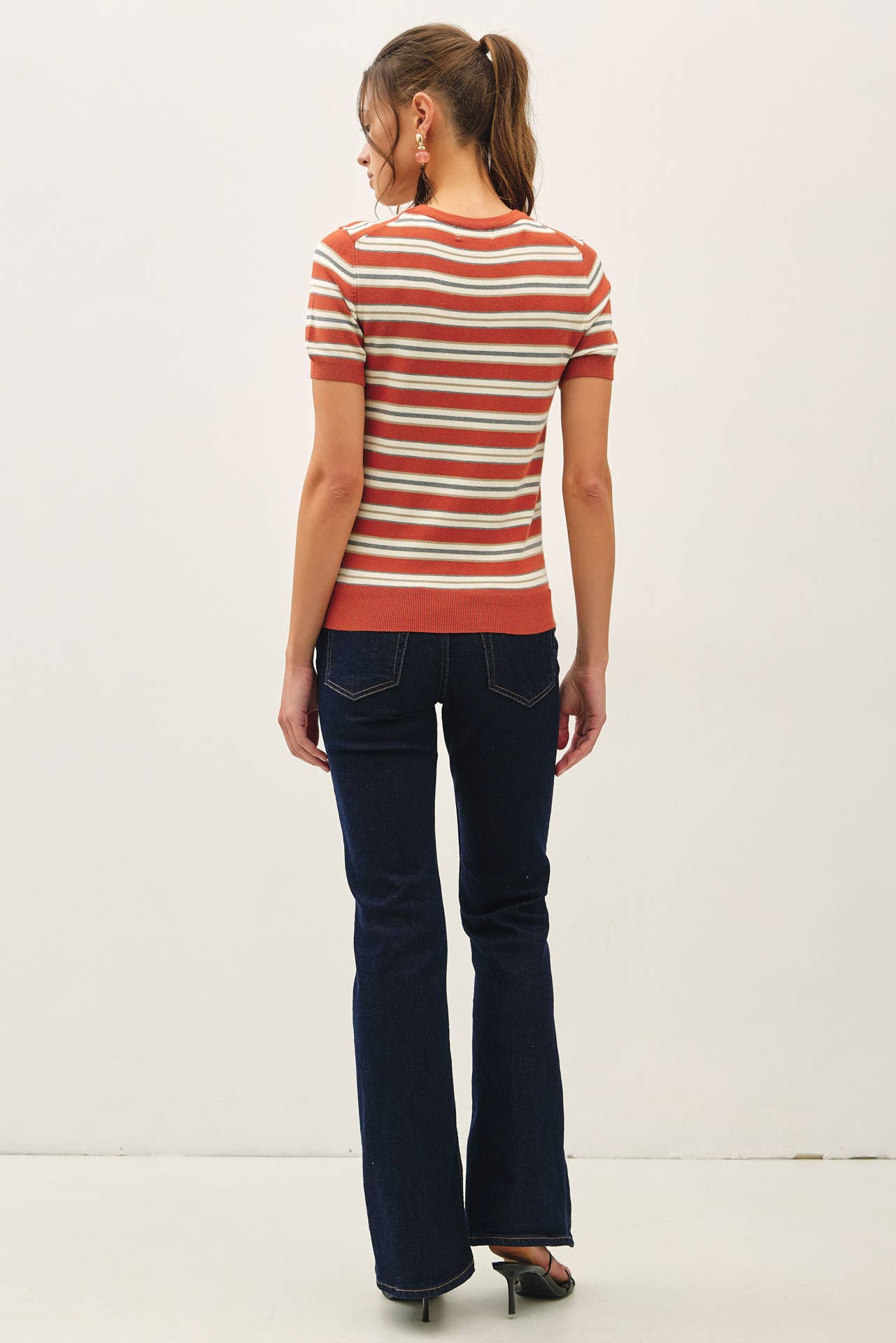 CLASSIC FIT STRIPED SHORT SLEEVE SWEATER TOP