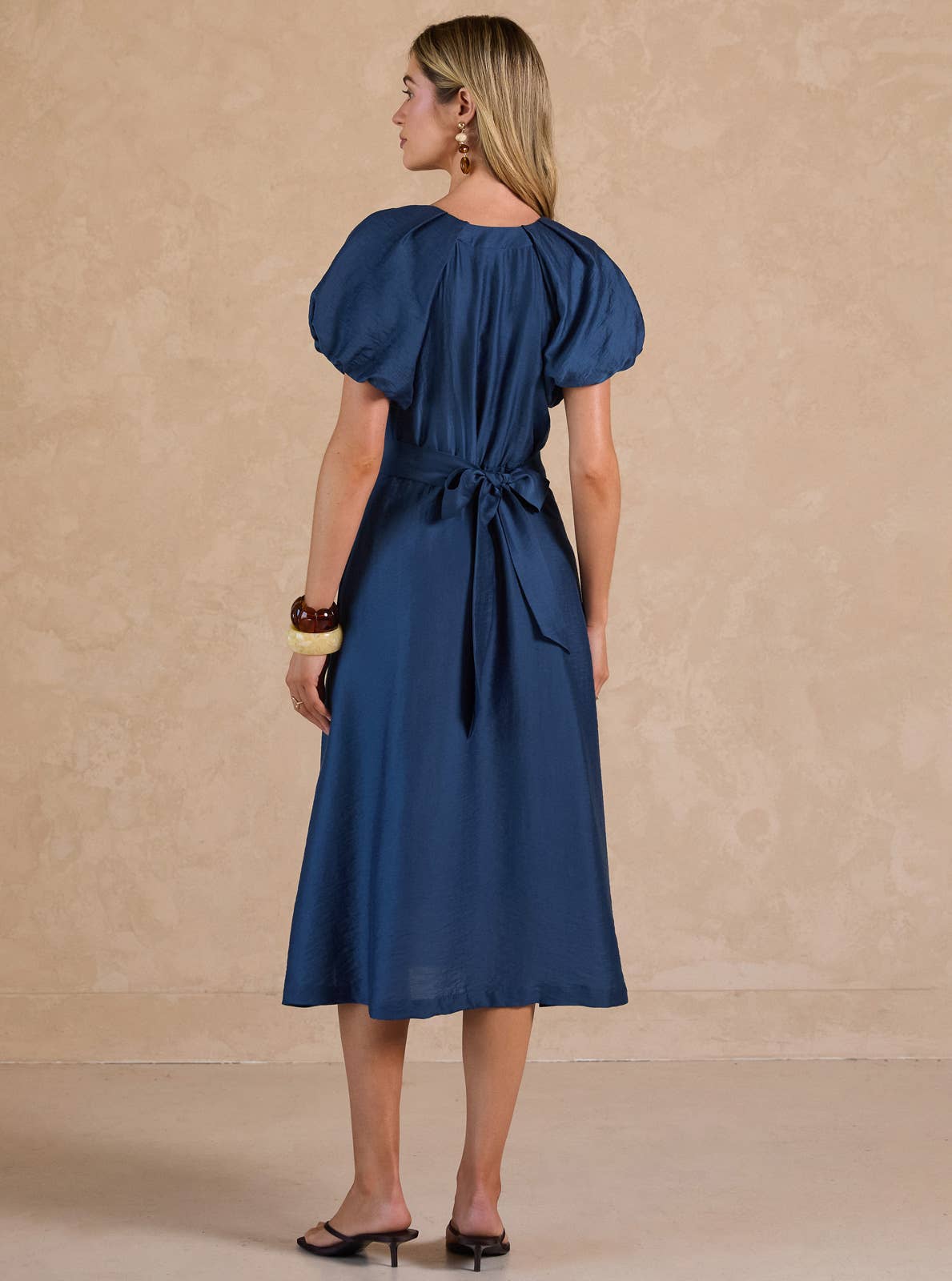 Short Puff Sleeve A-line Midi Dress