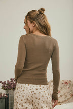BUTTON FRONT ROUND NECK LONG SLEEVE KNIT TOP