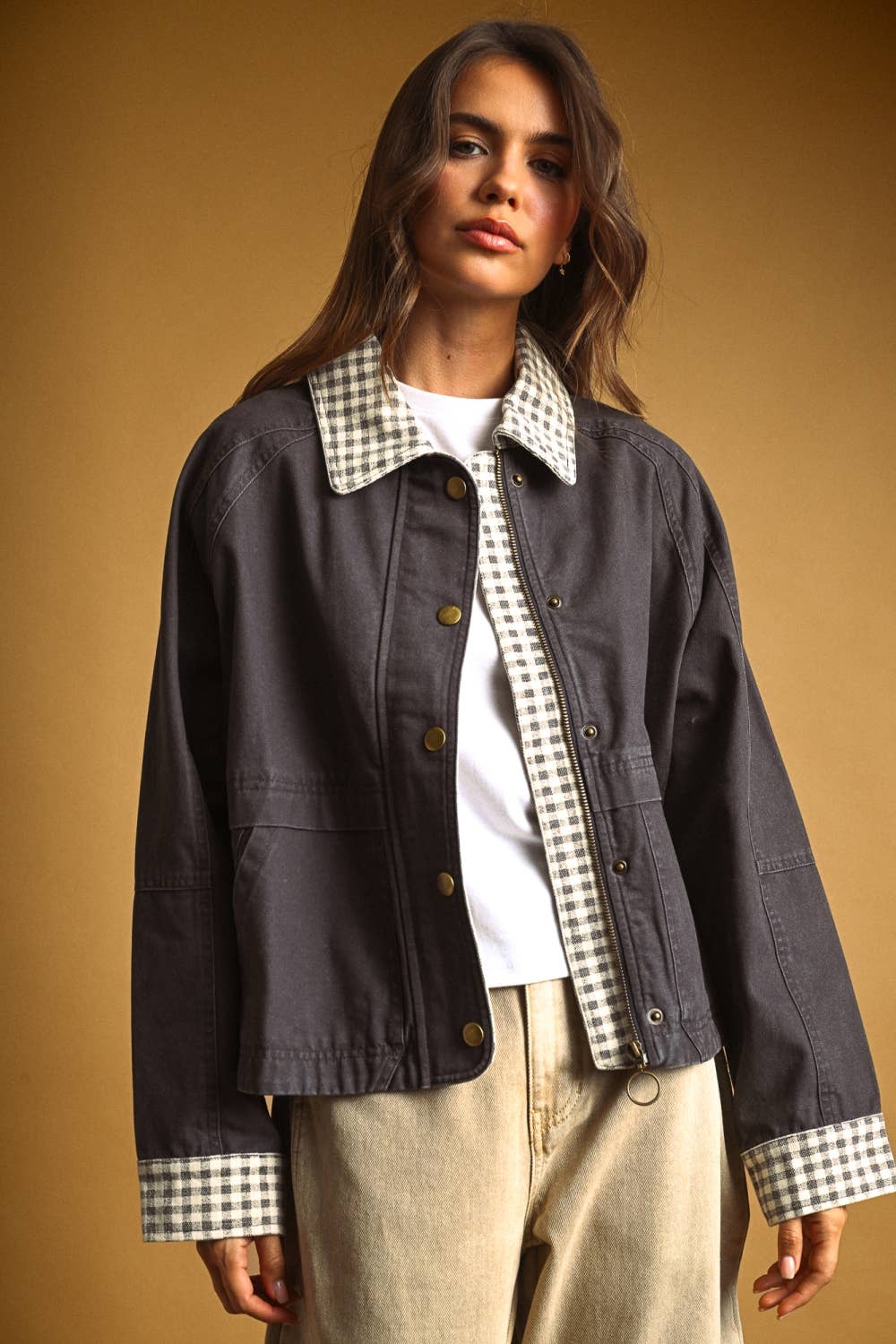 GINGHAM COLLARED TWILL JACKET