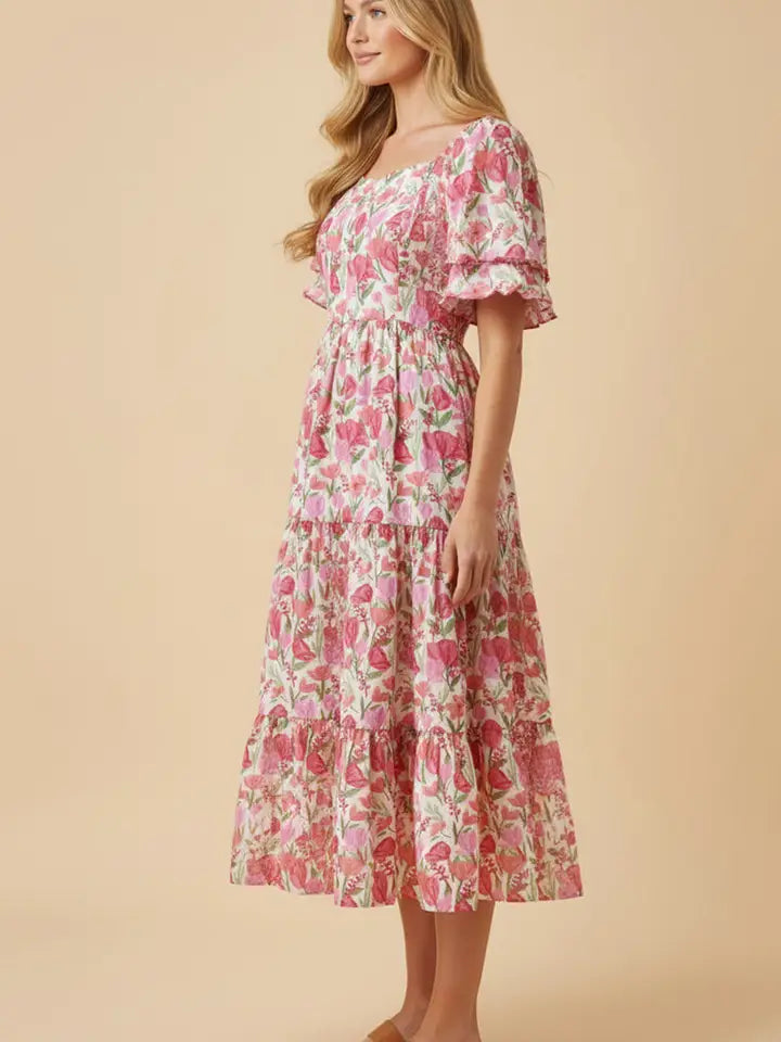 Floral Contrast Piped Tulip Sleeve Dress