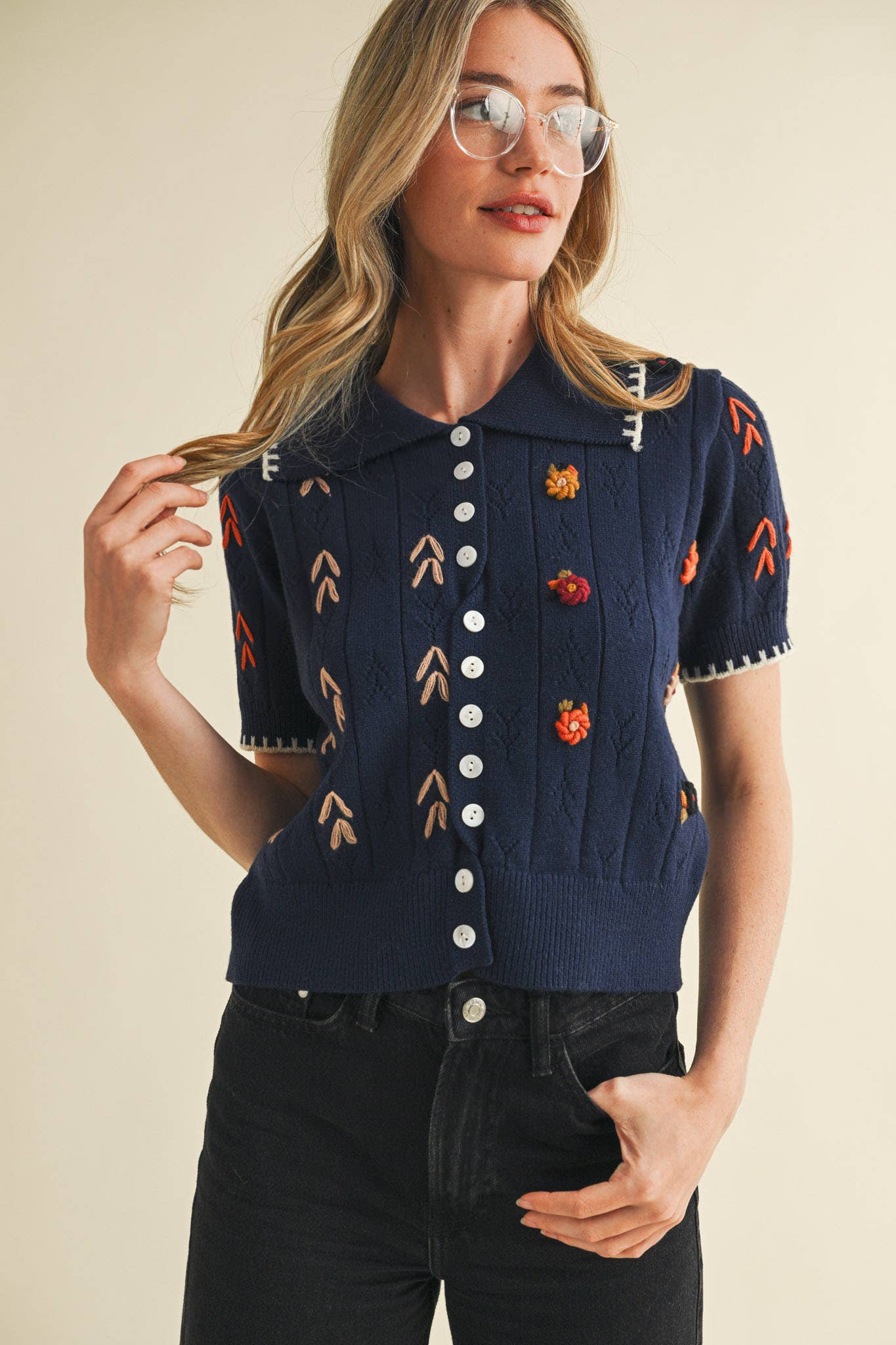 Hand Embroidered Button Down Sweater