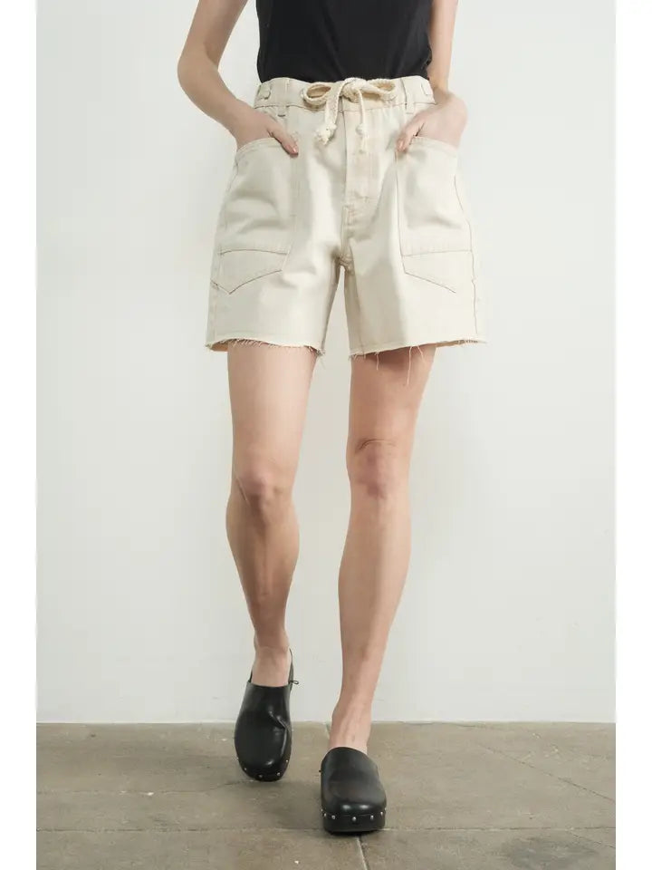 Cream Vintage Washed Barrel Denim Shorts