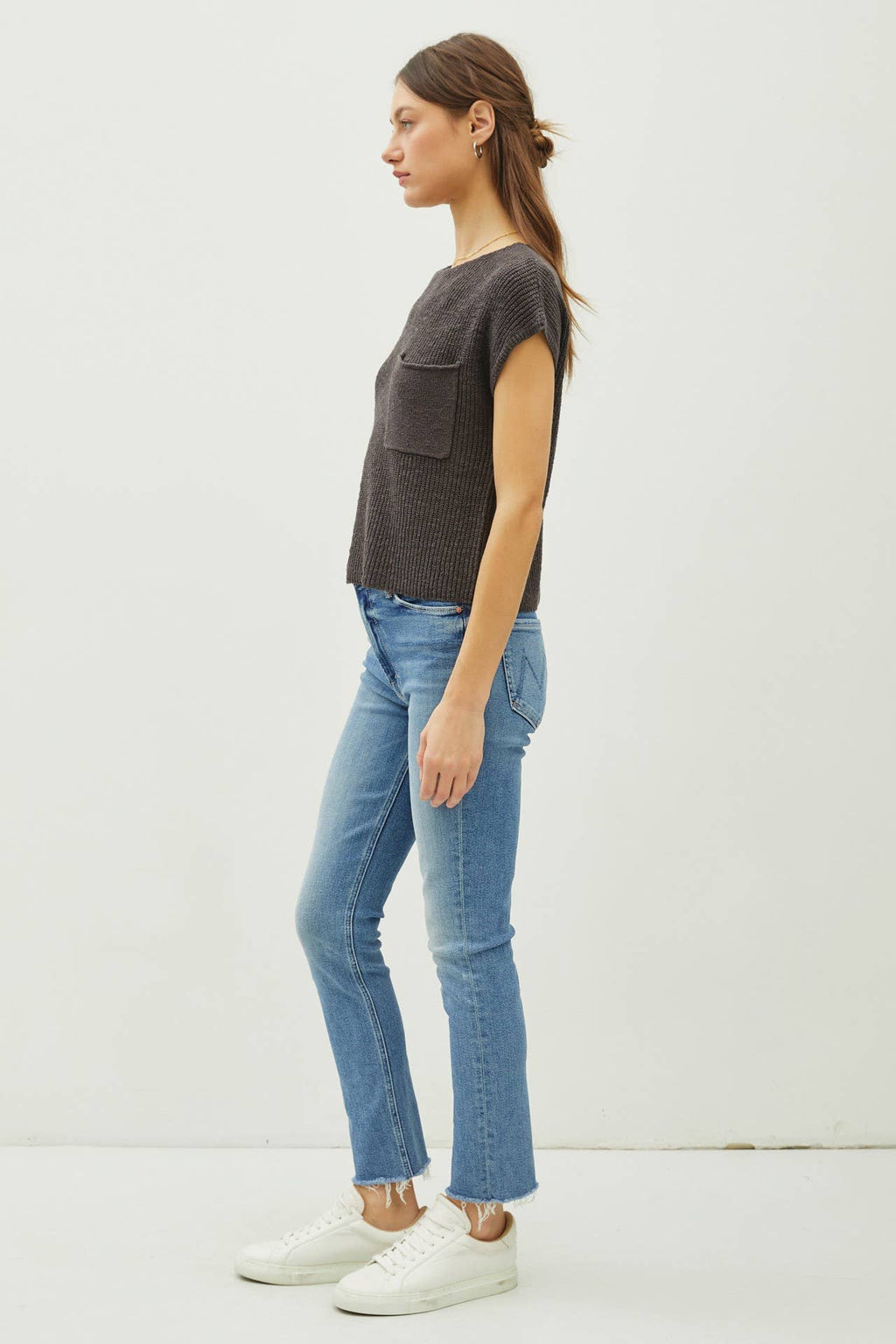 PATCH POCKET DOLMAN CAP SLEEVE BOXY KNIT