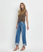 HIGH RISE MEDIUM WASH CUFFED WIDE JEANS