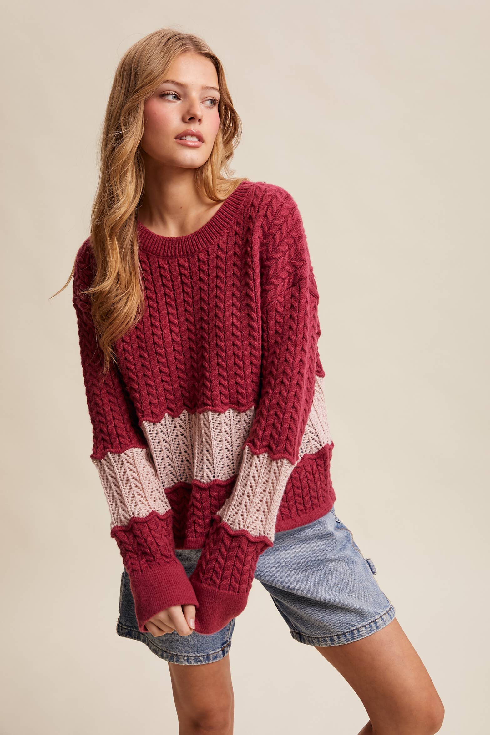 Colorblock Cable Knit Sweater