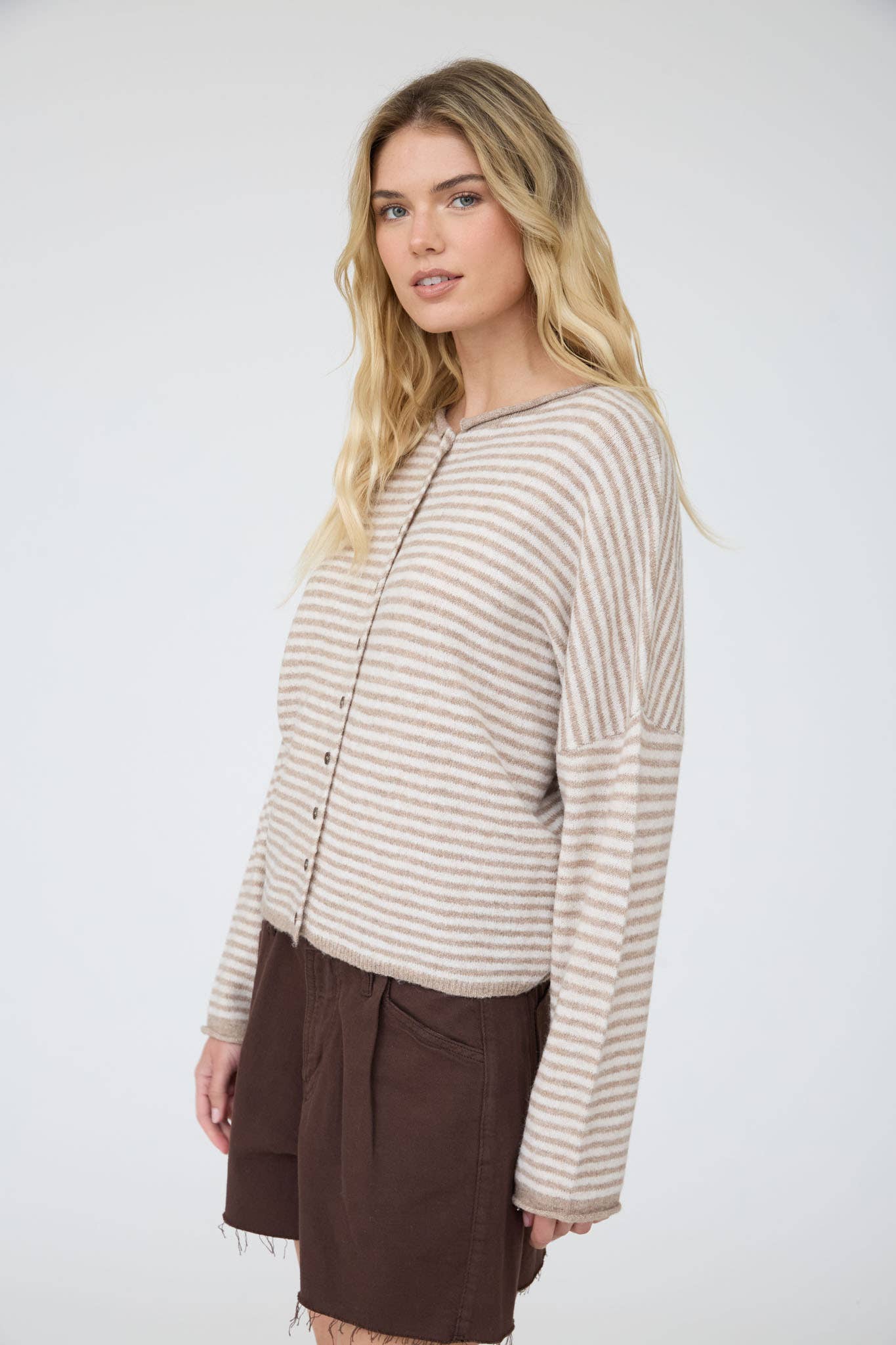 STRIPE RAW EDGE DROP SHOULDER KNIT CARDIGAN