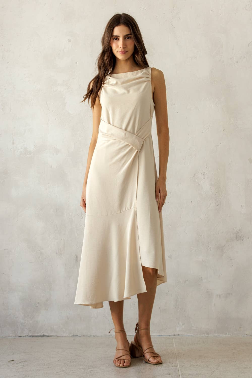 ASYMMETRICAL WRAP-STYLE MIDI DRESS