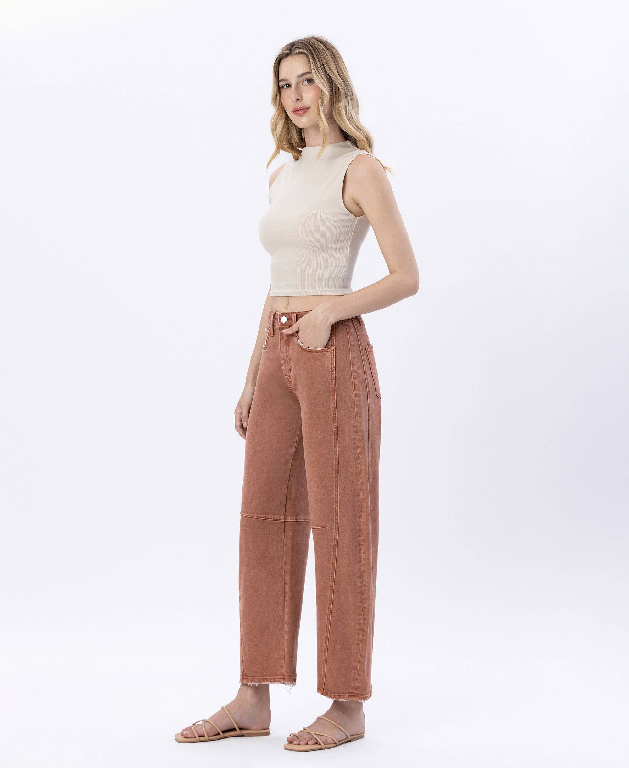 HIGH RISE COPPER COLOR TWIST BARREL JEANS
