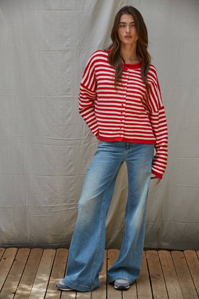 Knit Sweater Striped Buttondown Cardigan Top