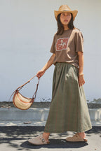 Embroidered Cotton Twill Belted Midi Skirt