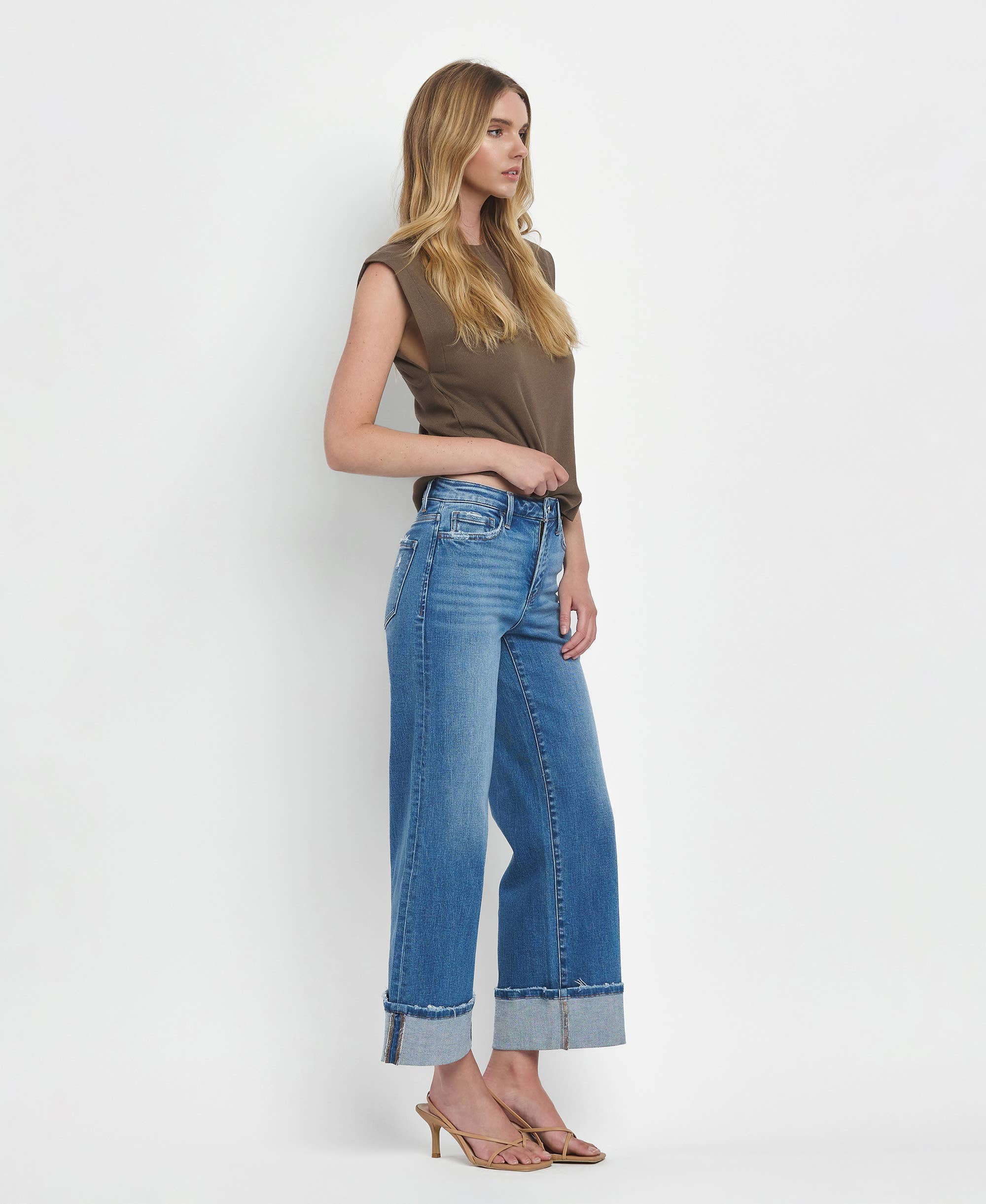 HIGH RISE MEDIUM WASH CUFFED WIDE JEANS