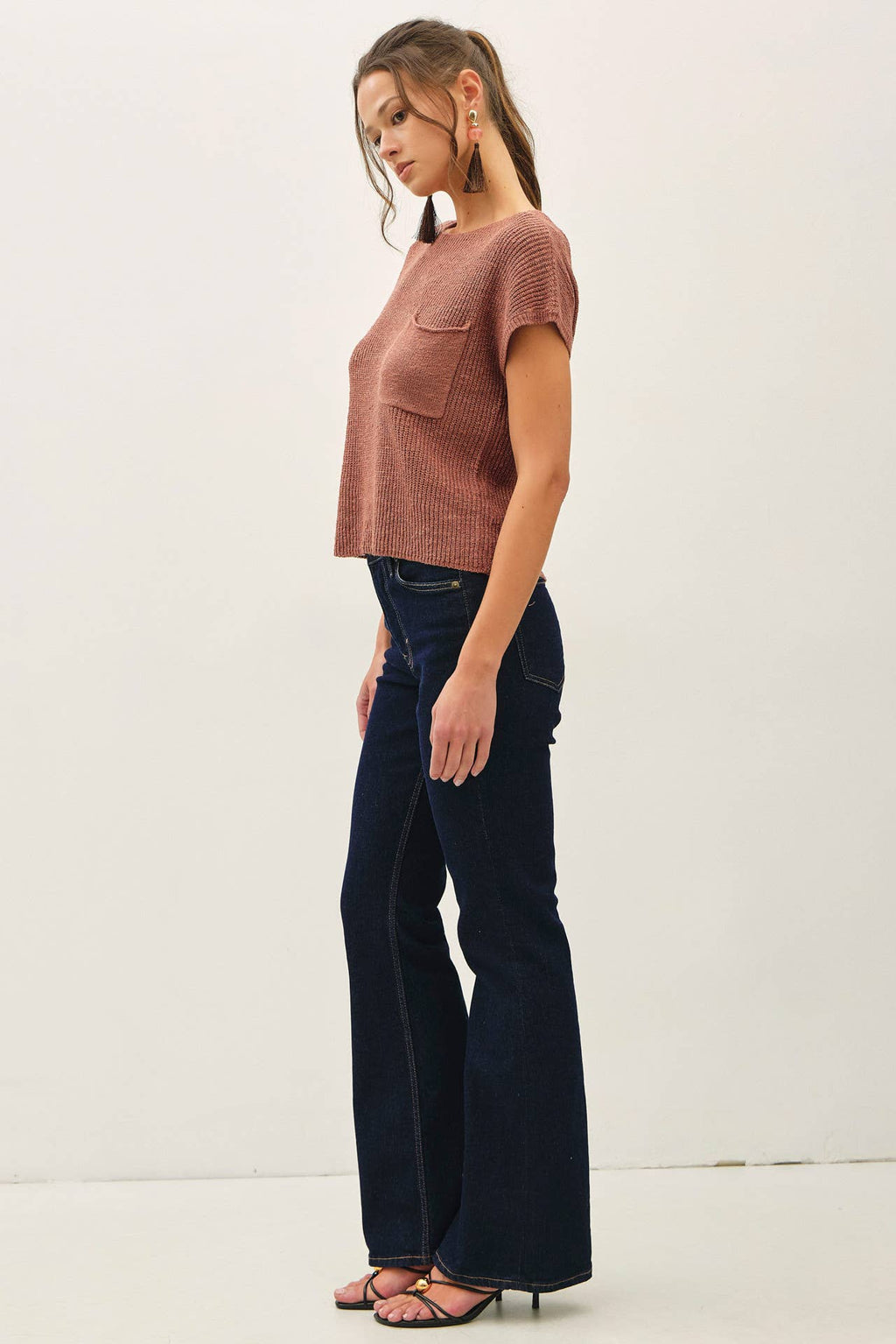 PATCH POCKET DOLMAN CAP SLEEVE BOXY KNIT