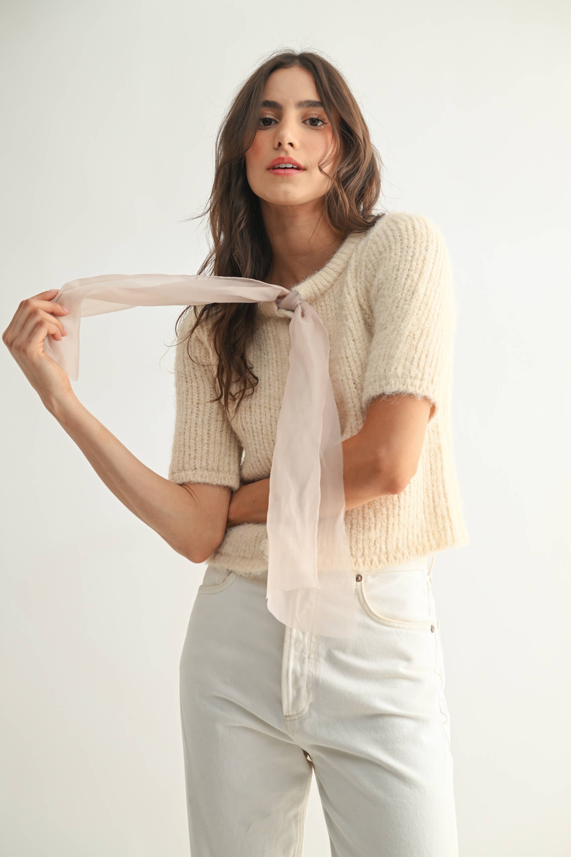 Knit Cardigan with Chiffon Bow