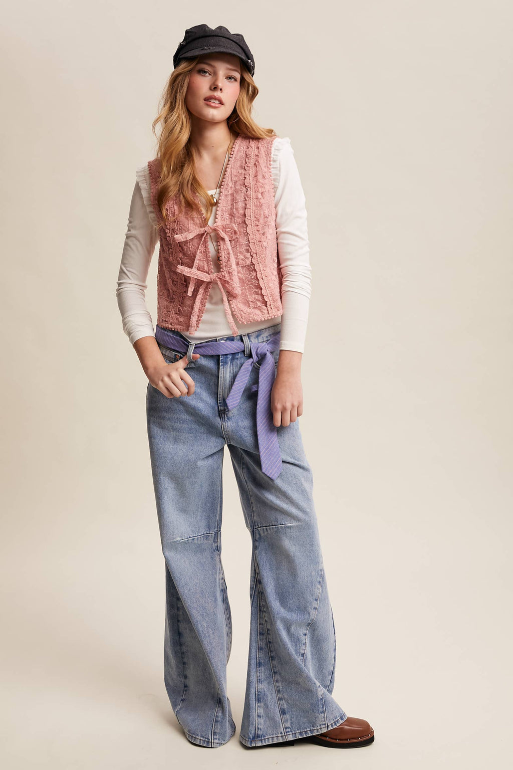 Embroidered Lace Tie-Front Vest