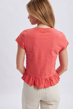 SMOCKED RUFFLE HEM KNIT TOP