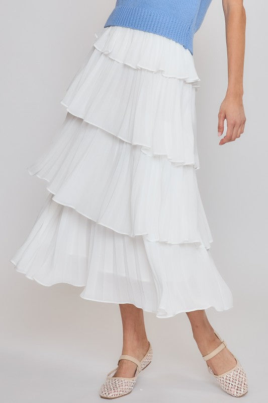 Tiered White Pleated Skirt