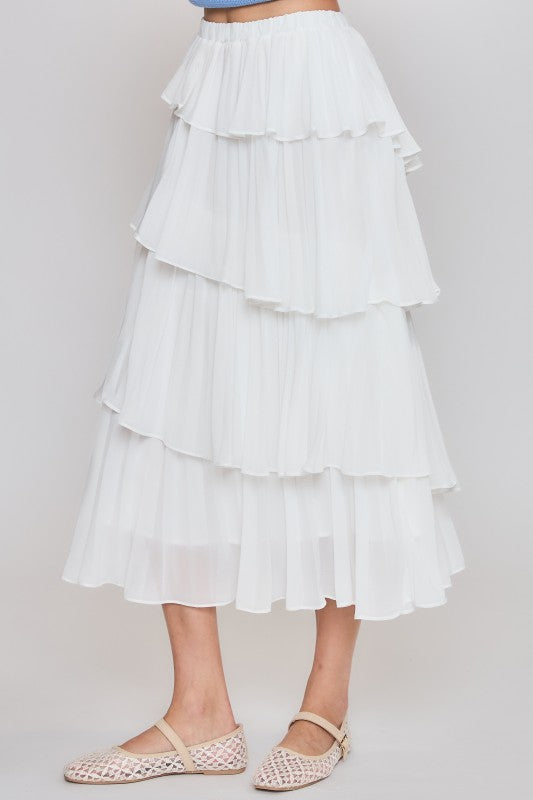 Tiered White Pleated Skirt