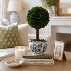 Boxwood Ball Topiary Tree in Round Blue & White Ceramic Pot