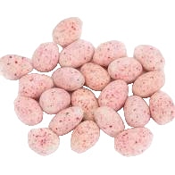 Peppermint almonds coated in dark chocolate on a white background