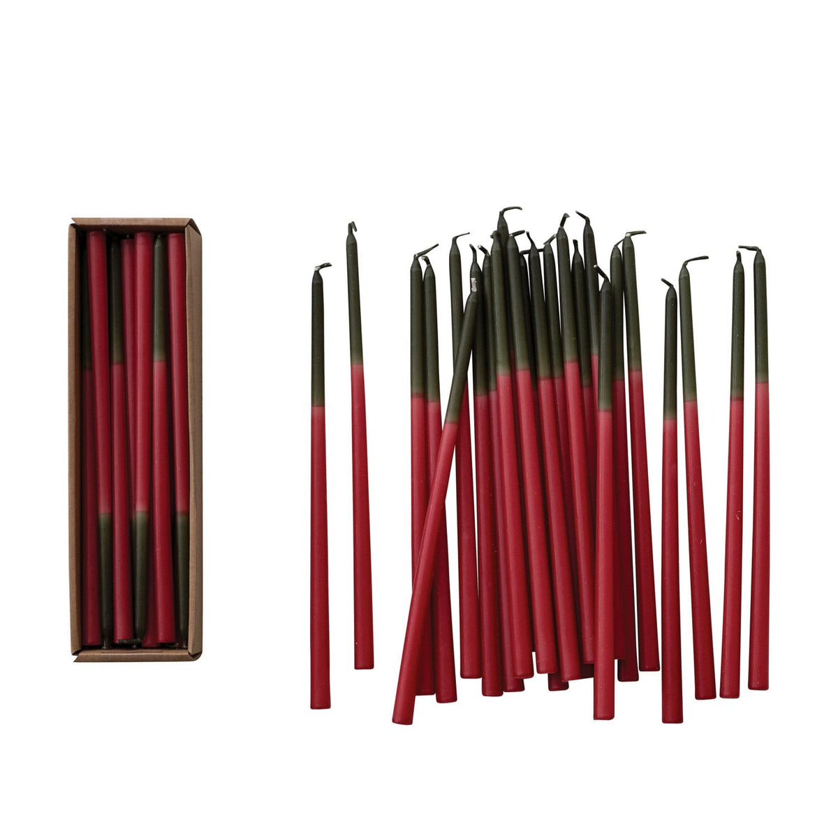Unscented Two-Tone Thin Taper Candles in Box, Olive Color & Red, Set of 24