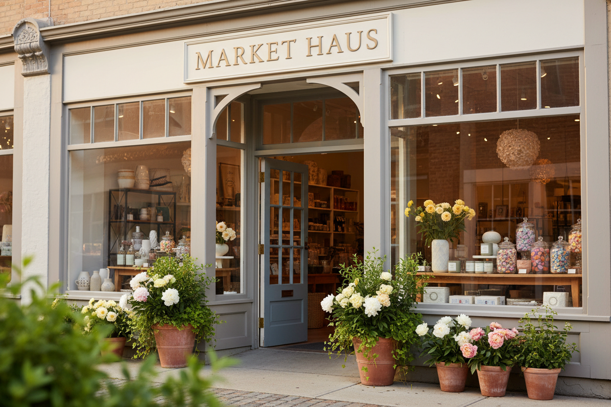A light-filled neighborhood boutique with a sign above the door that reads Market Haus. The building has large windows glowing with natural light, soft neutral exterior tones, welcoming open door, potted greenery and seasonal florals by the entrance, curated home gifts and candy visible through the windows, warm and cheerful atmosphere, timeless and inviting, editorial lifestyle photography, soft shadows, airy composition, shallow depth of field, high-end boutique aesthetic. 