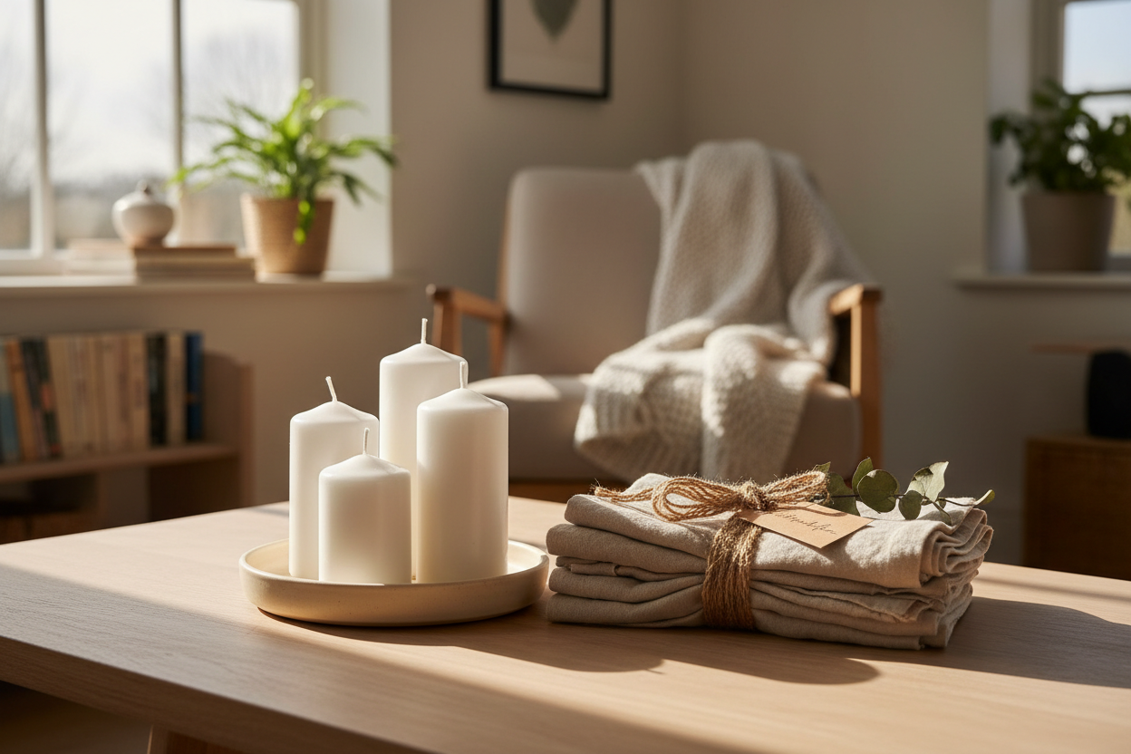 A thoughtfully styled gift moment featuring everyday candles paired with a ceramic tray and soft linens, neutral color palette, warm natural light, relaxed and welcoming home environment, joyful and comforting mood, lifestyle photography with an elevated yet approachable feel