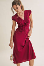GRACEFUL DRAPE BIAS CUT SILKY SATIN LACE MIDI DRESS