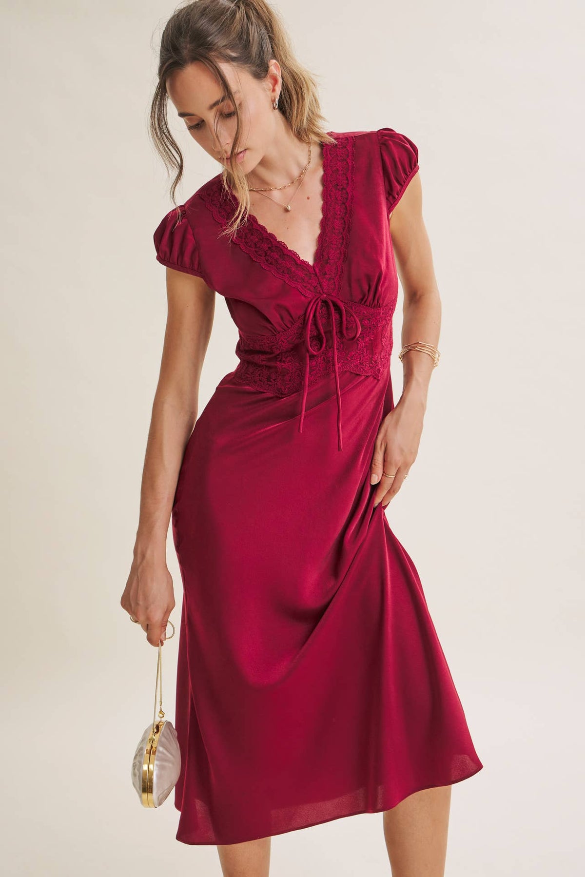 GRACEFUL DRAPE BIAS CUT SILKY SATIN LACE MIDI DRESS