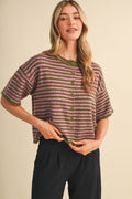 STRIPED SHORT SLEEVE SWEATER CARDIGAN