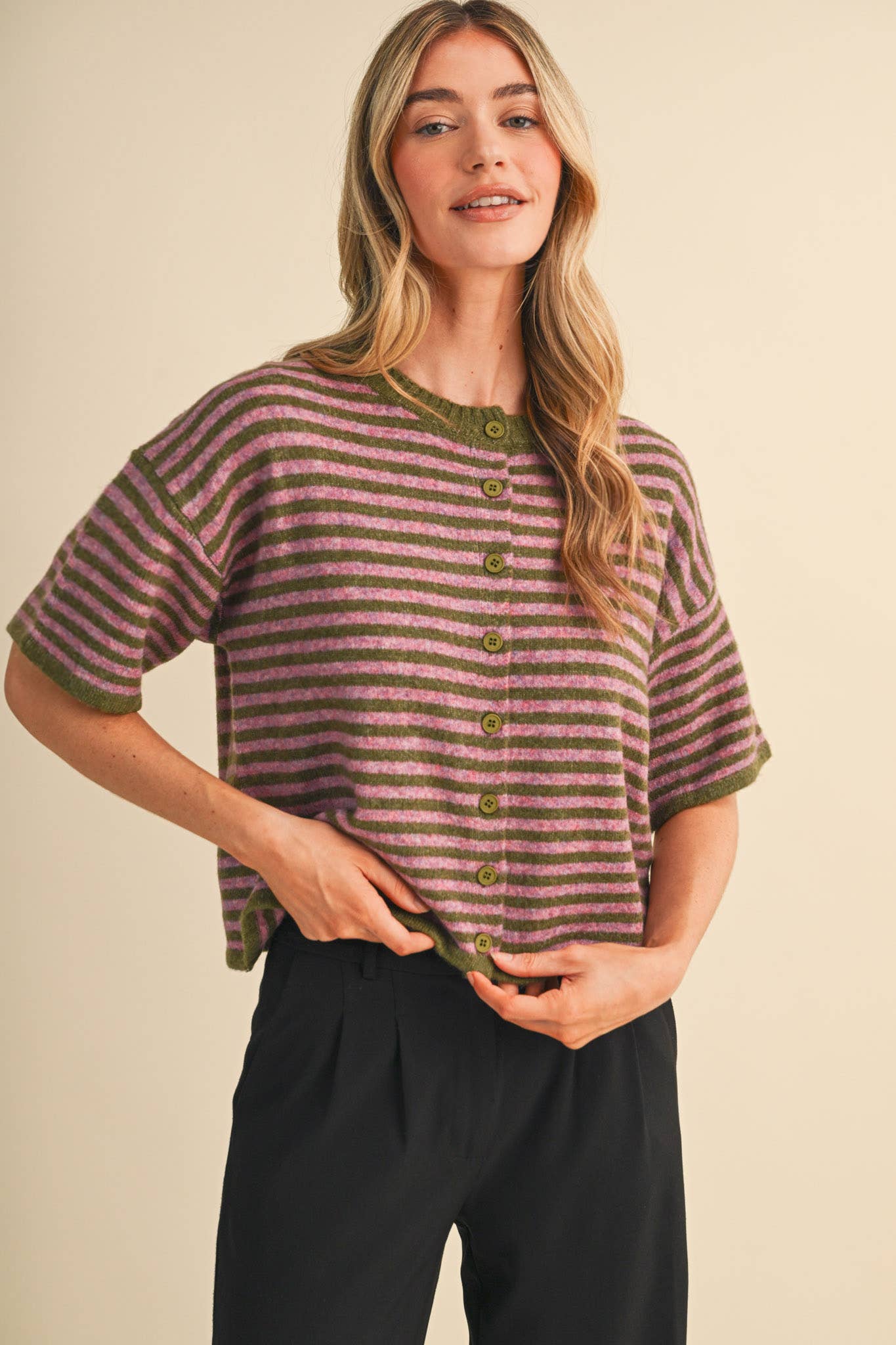 STRIPED SHORT SLEEVE SWEATER CARDIGAN