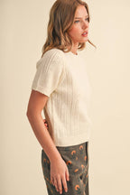 SCALLOPED POINTELLE KNIT SHORT SLEEVE SWEATER